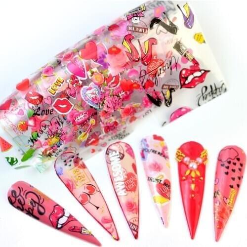 2020 10PCS/Pack Lips Love Valentine Nail Transfer Foils Nail Art Polish Wraps Decals DIY Nail Beauty Stickers Accessories