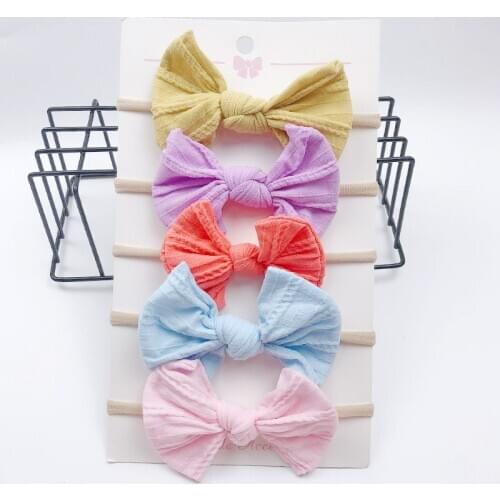 5pcs/lot Elastic Band And Bow Solid Color Nylon Bow Knot Turban Hair Bands Hair Accessories Baby Turband