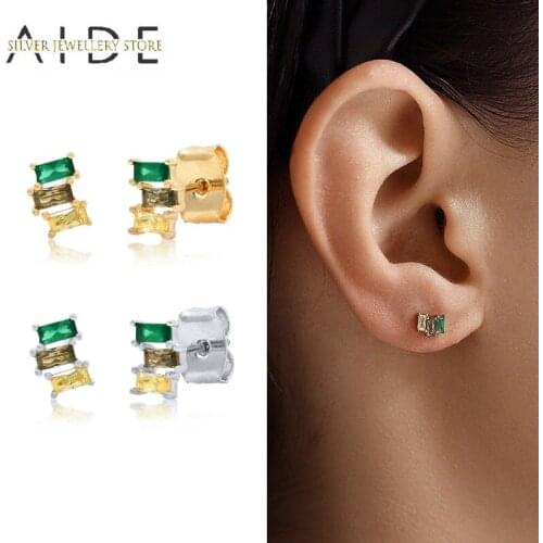 AIDE INS Rectangle Stacked Stud Earrings For Women Geometric Colorful Zircon Piercing Earings Silver 925 Jewelry Gift kolczyki