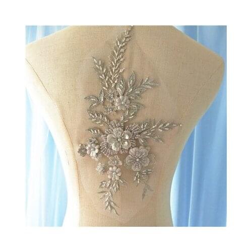 1 piece Grey Lace Applique Heavy Bead Lace Applique 3D Lace Applique With Rhinestones Bridal Headpiece