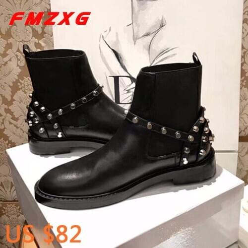 Womens Genuine Leather Booties Boots Winter Super Quality Ankle Boot Designer Luxury Brand Motorcycle Rivets Thick Sole Boots