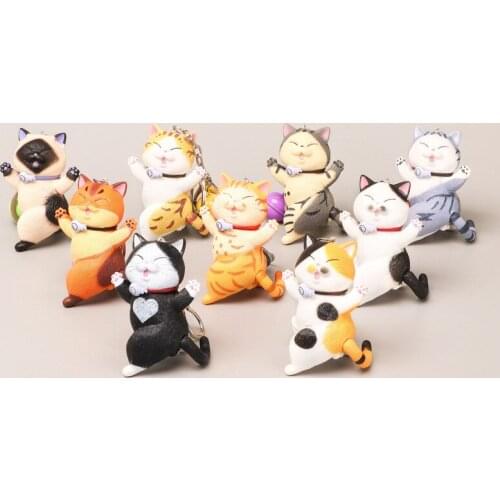 9 Pcs/Lot Cute Happy Cat Keychains Chubby Kitten Keyring Trinket Bag Ornament Cartoon Car Keys Chains Turned Cat Women Jewelry