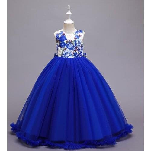 Children Long Wedding Dress Tutu Skirt Lace Gauze Princess Dresses European Girls Printing Costumes Youth Clothing 4-14 Years