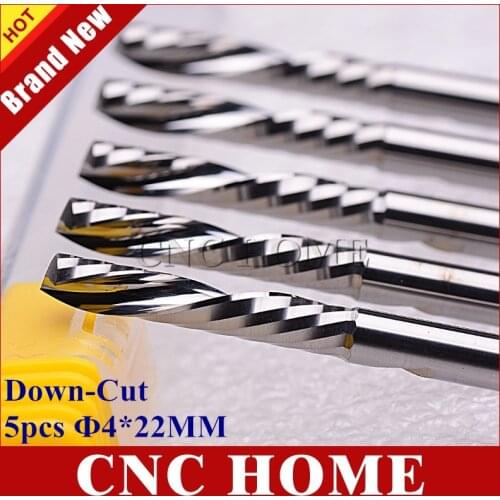 Efficient Down Cut! 4x22mm One Spiral Flute Tungsten Carbide Micro End Mill Set, 5 Pcs CNC Router Bits Wood Milling Cutter Tool