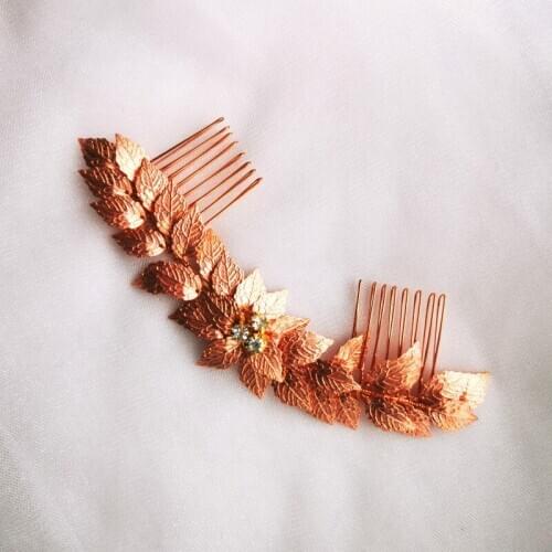 Rose Gold Color Leaf Women Hair Comb Crown Rhinestone Bridal Headpiece Handmade Wedding Prom Accessories