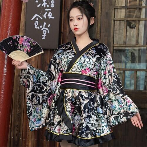 Women Floral Print Kimono Halloween Cosplay Anime Clothing Japanese Satin kimono Maid Uniform Outfit Full Sleeve Dresses
