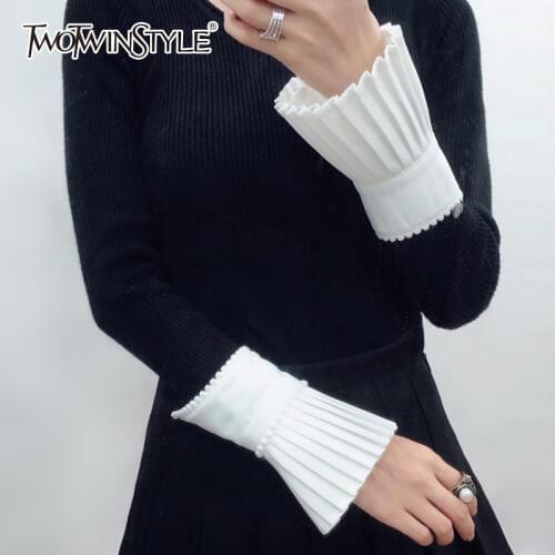 TWOTWINSTYLE Beading Cuff For Women Ruffles Pleated White Hidden Breasted Cuffs Spring Female Vintage Fashion
