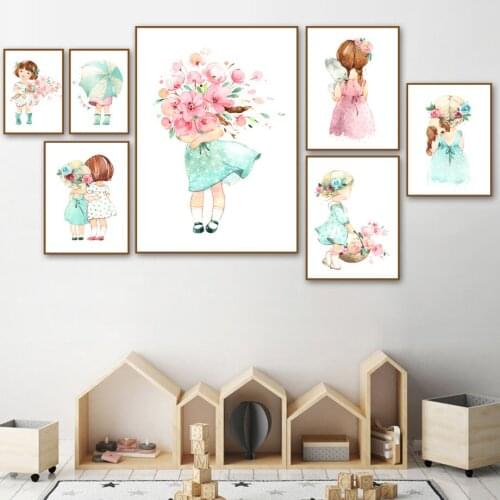 Cute Baby Girl Rose Flower Umbrella Nordic Posters And Prints Wall Art Canvas Painting Nursery Wall Pictures For Kids Room Decor
