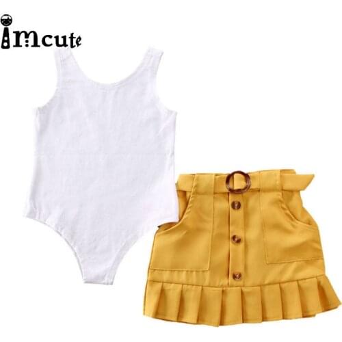 Imcute Summer Baby Girl Clothes Sets Sleeveless Bodysuits Tops Button Tutu Skirt Clothes With Belt 2PCS Kids Girls Outfits 1-5T