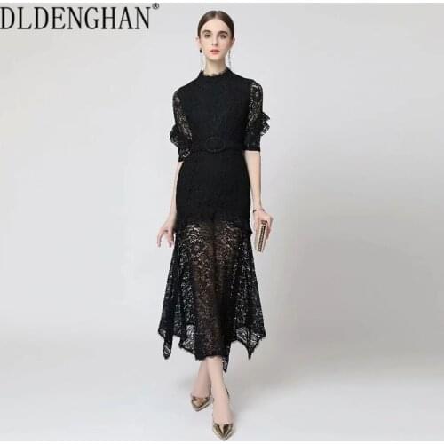DLDENGHAN Fashion Designer Autumn Lace Long Dress Women Stand Collar Half Sleeve Sashes Hollow Out Elegant Party Maxi Dresses