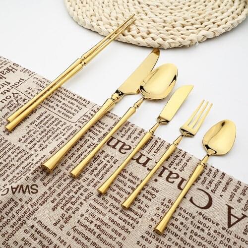 High Quality 18/10 Stainless Steel Cutlery Set Gold Dinnerware Mirror Silverware Set Knives Fork Spoons Tableware Set Flatware