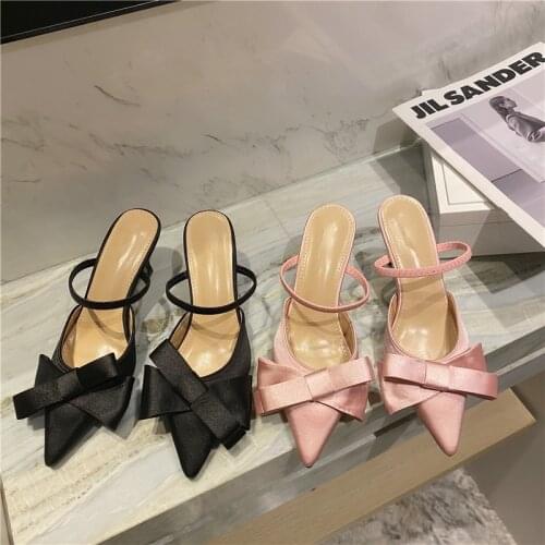 New Pointed Bow Slippers 2021 Summer New Word Buckle Half-drag Stiletto High-heeled Baotou Sandals Slides Women