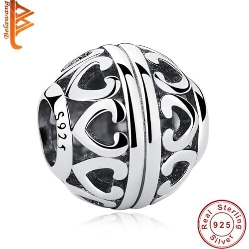 Wholesale DIY Openwork Round Bead Engrave Heart Pure 925 Sterling Silver Charms Fit Original Bracelet For Women Jewelry