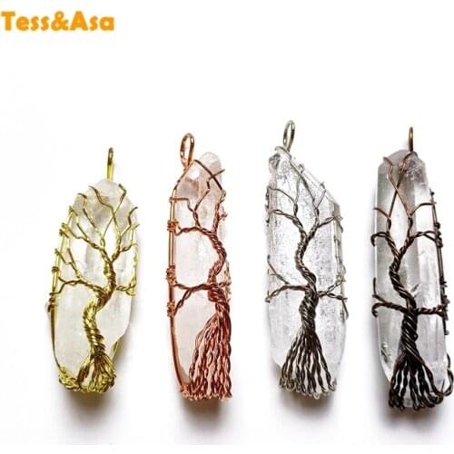 3pcsNatural Crystal Stone Pendant NecklaceTitanium Coated Wire Wrapped Tree Of Life 7 Chakra Points Irregular Shape JewelryWomen