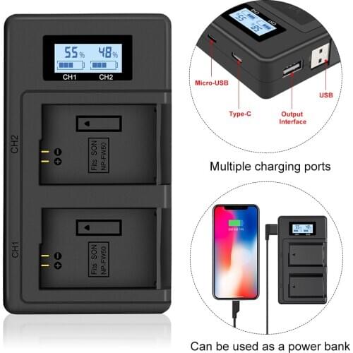 PALO NP-FW50 camera battery charger npfw50 fw50 LCD USB Dual Charger for Sony A6000 5100 a3000 a35 A55 a7s II alpha 55 alpha 7 A