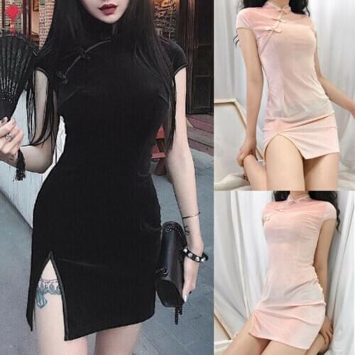 Women Sexy Cheongsam Dress Classical Chinese Style Solid Color Qipao Suede Glossy Skinny Slim Split Mini Dress Party Club Wear