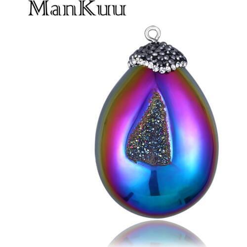 Mankuu Aurora Shell Pendants Rainbow/White Water Drop Natural Stone Pendants Sparkling Zircon Druzy Pendants For Jewelry Making