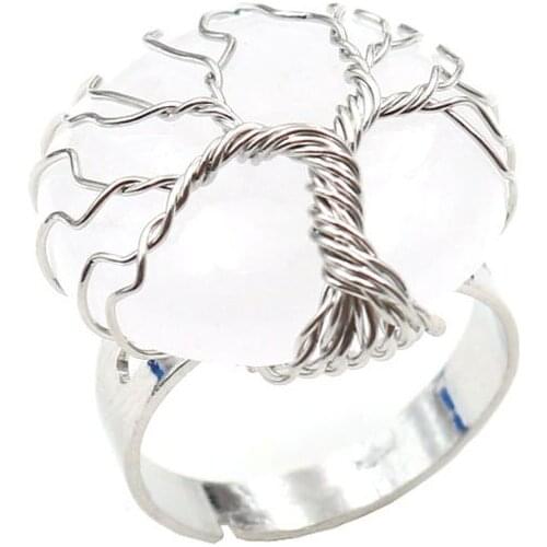 FYSL Silver Plated Wire Wrap Tree of Life Round Clear Quartz Resizable Finger Ring Green Aventurine Charm Jewelry