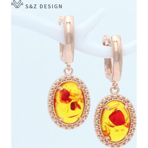 S&Z DESIGN 2020 Korean Fashion Oval Egg Shape Imitation Flower Ambers Dangle Earrings 585 Rose Gold Eardrop For Women Jewelry