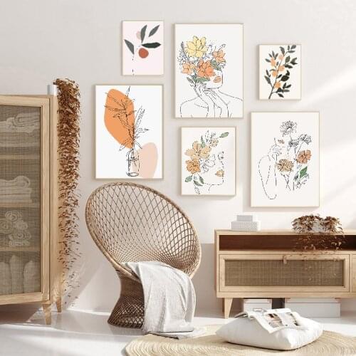 Nordic poster abstract flower woman face line orange wall art oil painting printing wall picture for living room home decoration