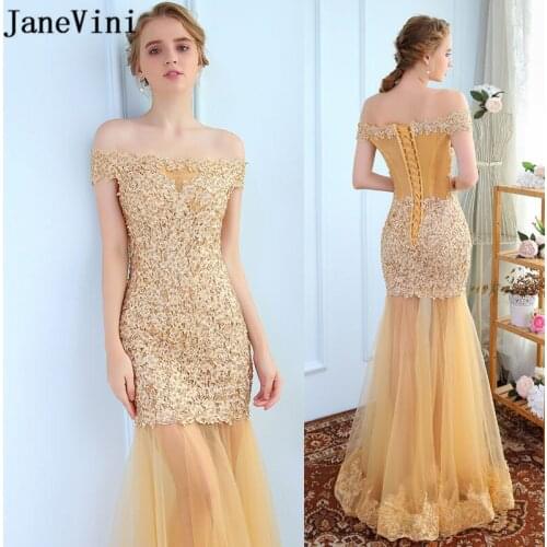 JaneVini Sexy Gold Beads See Through Long Bridesmaid Dresses for Women Mermaid Tulle Lace Girls Formal Prom Dress Occasion Gowns