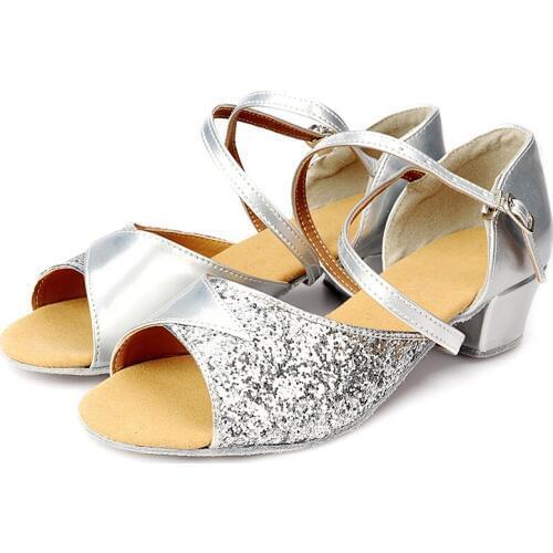 Modern Ballroom Latin Dance Shoes Girls Kids Children Low Heel Tango Chacha Rumba Latin Dancing Gold Silver Wholesale C65
