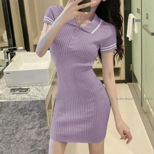 Short sleeve knit dress female reduction of cultivate ones morality show thin new French small package buttocks sho