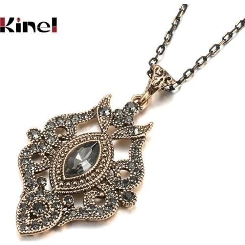 Kinel Unique Gray Crystal Pendant Necklace For Women Antique Gold Color Vintage Jewelry Party Accessories Luxury Gifts