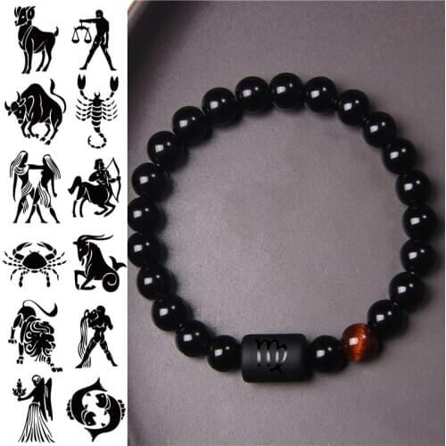 Vintage Black Stone Beads 12 Constellation Bracelets Zodiac Pattern Minimalist Bangles For Women Men Pray Lucky Identification