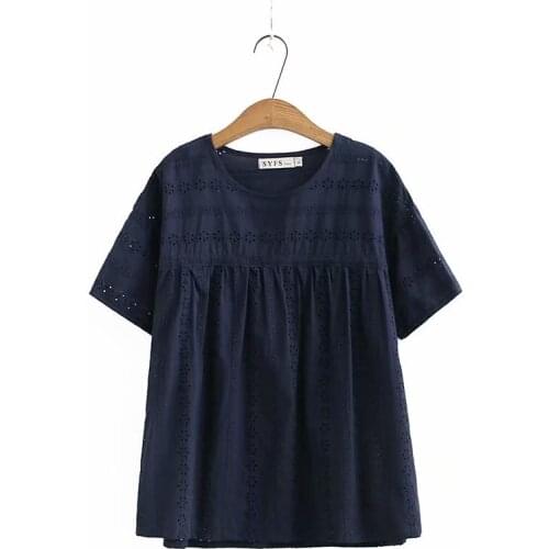 Plus size hollow out O neck dobby cotton women loose tshirts 2020 new casual ladies soft t shirts female tops pink navy white