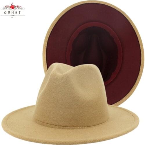 QBHAT Tan Burgundy Patchwork Faux Wool Felt Jazz Fedora Hats with Felt Band Women Men Flat Brim Panama Trilby Cap Party Hat
