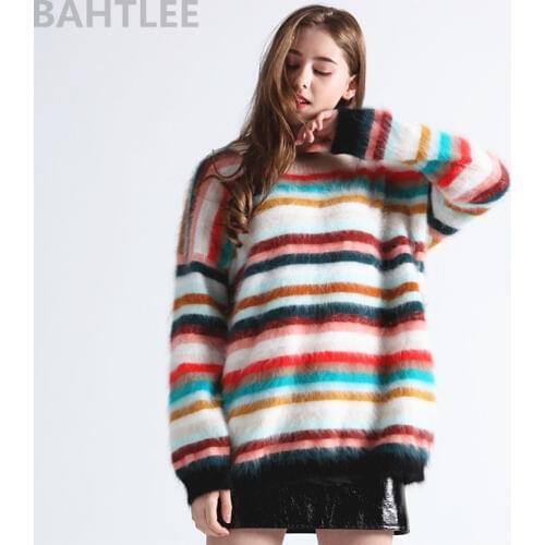 BAHTLEE Autumn Winter Women Angora Rabbit Rainbow Patter Knitted Pullovers Casual Long Sleeves Sweater O-NECK Keep Warm Loosefir