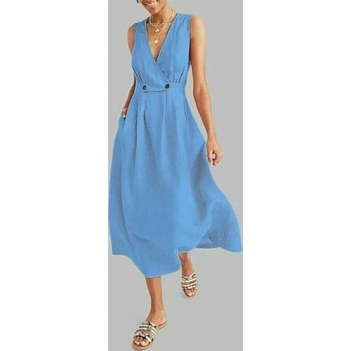 2019 New Casual Women Summer Solid Dress Formal Business Work Stretch Party Slim Sleeveless V-Neck High Waist Dress
