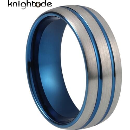 8mm Blue Plated Two Line Grooved Tungsten Carbide Wedding Band Personality Lovers Rings Jewelry Gift Domed Brushed Comfort Fit