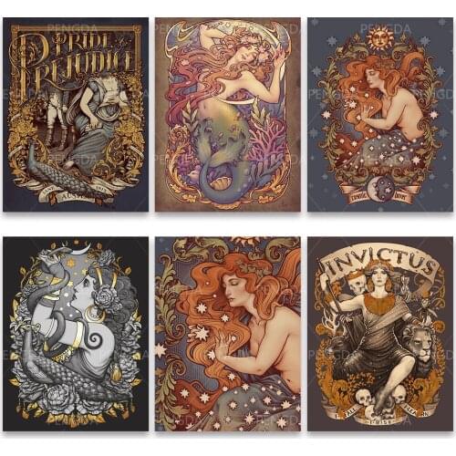 Embroidery Diamond Bohemia Picture Home Decor Mermaid Painting Full Round Drill Myth Cross Stitch Vintage Handmade Wall Sticker