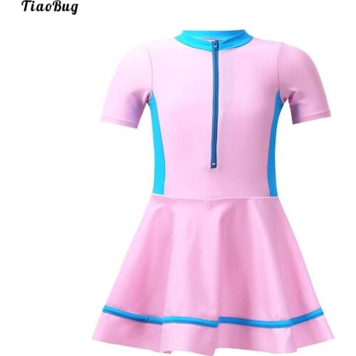 TiaoBug Kids Girls One-Piece Swimwear Stand Collar Short Sleeves Front Zipper Dress With Built-In Shorts Rashguard For Beach