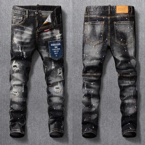 Streetwear Fashion Men Jeans Retro Black Gray Elastic Slim Fit Ripped Jeans Patched Pocket Painted Designer Hip Hop Denim Pants