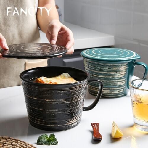 FANCITY Creative ceramic home restaurant instant noodle cup with lid, breakfast cup, milk cup, oatmeal cup, yogurt cup