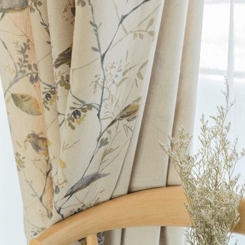 Custom Cotton and Linen Curtains for Living Room Bedroom Printing Curtains Fabric Bird Branches Retro Chinese Modern Decorative