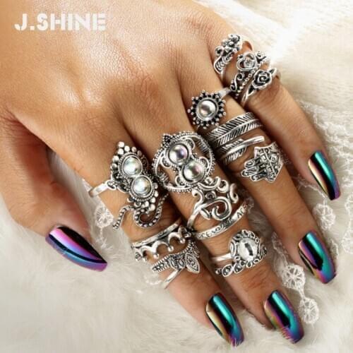 JShine 16pcs/Set Bohemia Heart Flower Crown Rings for Women Rhinestone Carved Knuckle Midi Antique Retro Finger Rings Jewelry