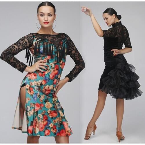 Latin Dancing Dresses For Women Black Lace Velvet Dress Spike Fringes Latin Dress Tango Samba Salsa Performance Costume DB2181