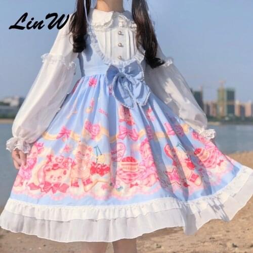 Sweet princess lolita dress bear strawberry cake print jsk suspender dress vintage Kawaii victorian dress gothic lolita loli