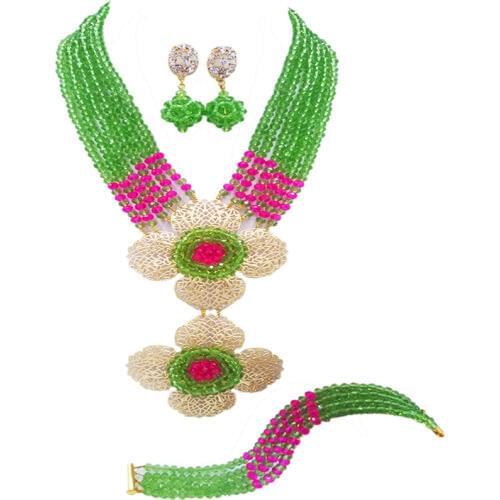 Fashion Light Green Fuchsia Pink Nigerian Wedding Necklace African Beads Jewelry Set Crystal Bridal Jewelry Sets 6DHJZ20