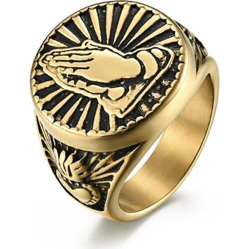Stainless Steel Gold Jesus Hand Gold Bless Religious Christ Men Ring Jewelry Gift For Him Size 8-12