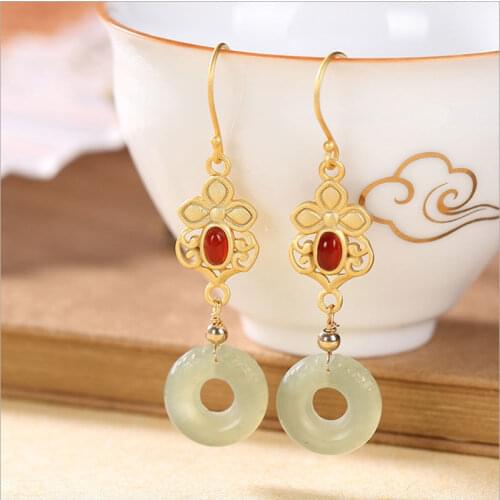 Natural Hetian Gray Jade Eardrops Womens Peace Buckle Long and Simple Earrings Niche Ornament
