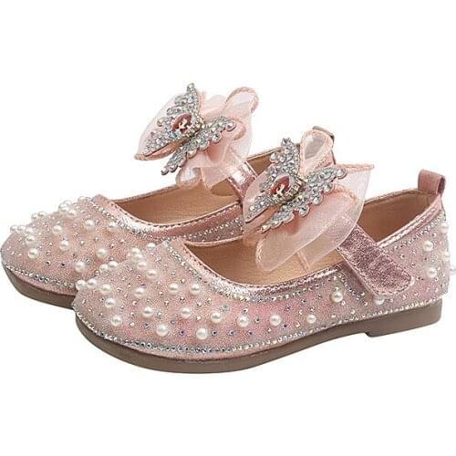 2021 Summer New Girls Leather Shoes Rhinestone Bow Princess Shoes Girls Fashion Dance Mesh Sweet Shoes Casual Flats for Wedding