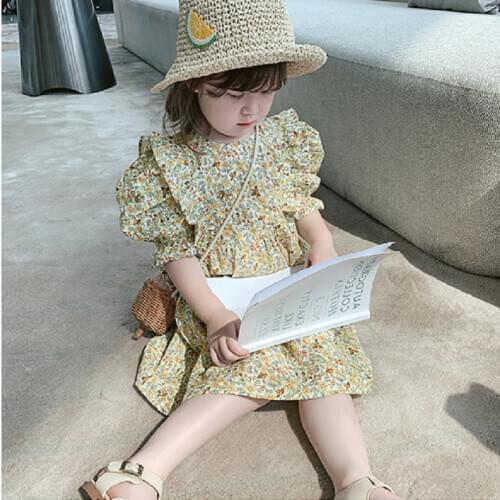 Girls Dress British Style Ruffle Floral Puff Sleeve Princess Dress 2020 Summer New Baby Kids ChildrenS Clothing