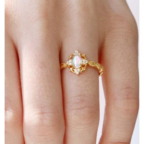 Luxury Crystal Stone Thin Engagement Ring Vintage Female White Oval Opal Ring Rose Gold Silver Color Wedding Rings For Women