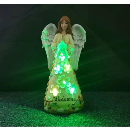 Angel Garden Figurine Outdoor Solar Garden Sculpture with LEDs Welcome Sign Resin Praying Angel Art Garden Patio Lawn Decor