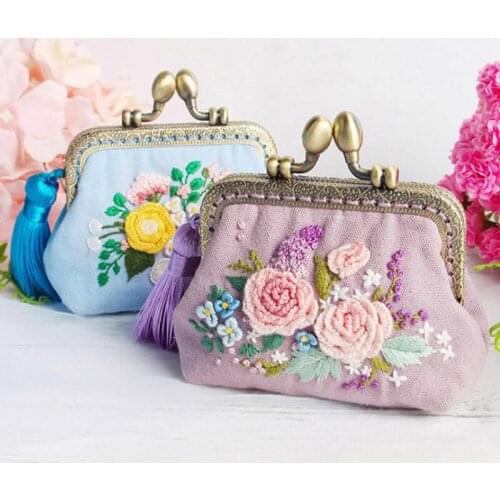 DIY Coin Purse Pouch Material Handmade Embroidery Sewing Flowers Pattern Money Bag Wallet Cross Material
